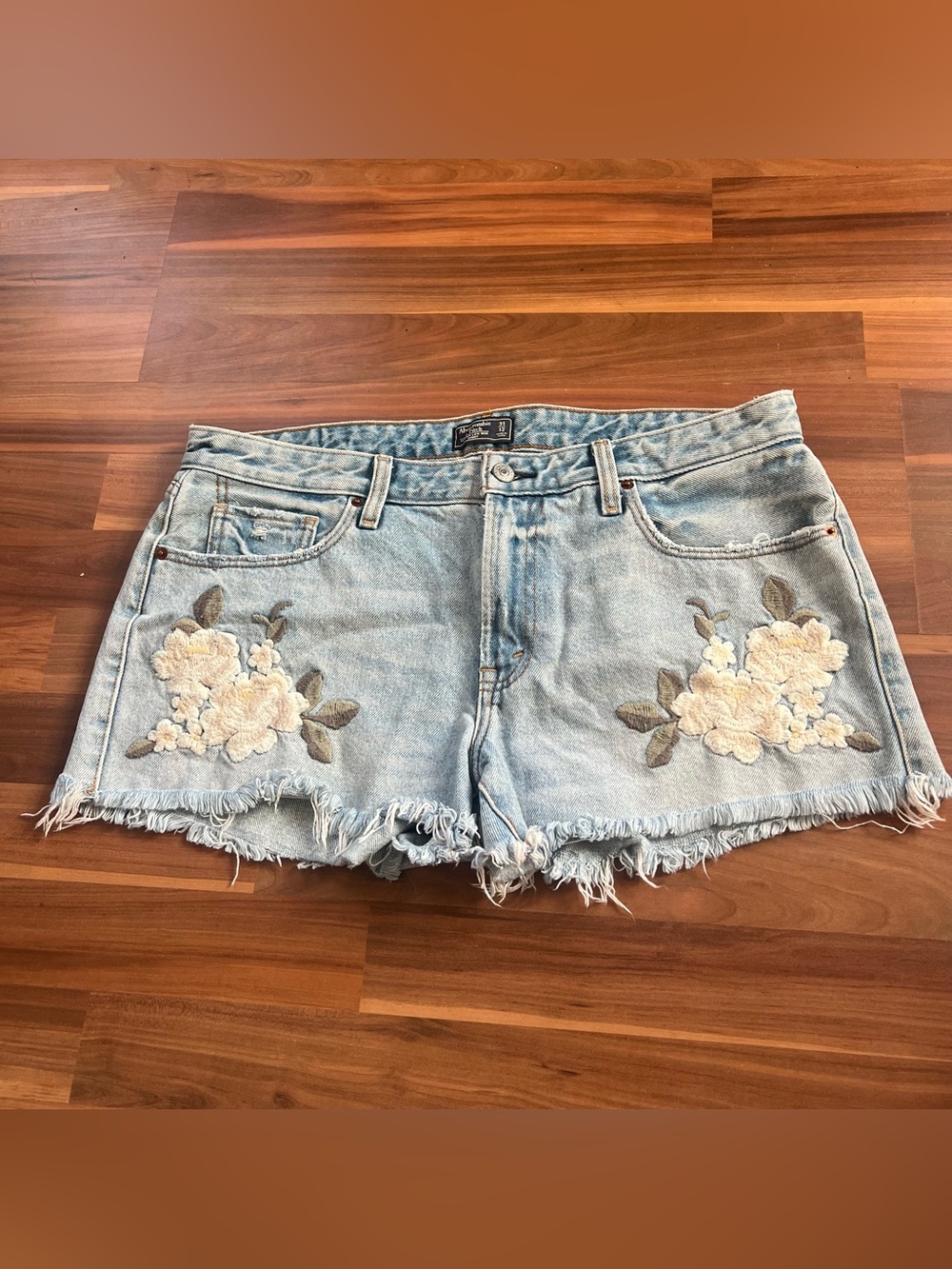 Abercrombie & Fitch Light Blue Denim Shorts with Floral Embroidery